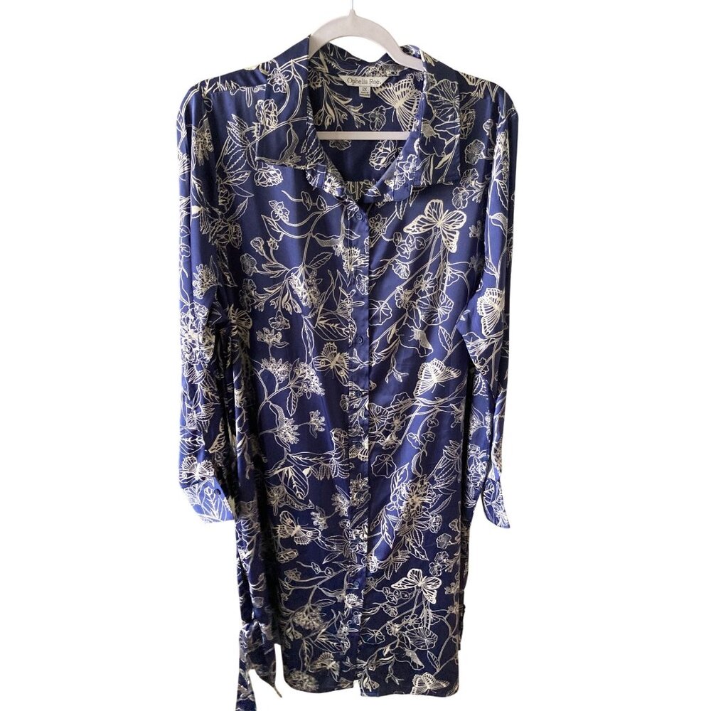 NWT Ophelia Roe Button Front Belted Blue White Print Shirt Dress With Pockets 2X